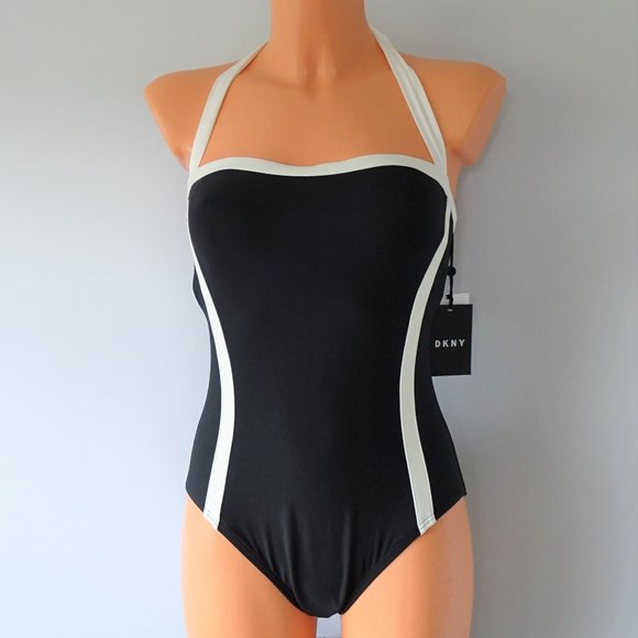 DKNY NWT 1 Piece Color Block Black Swimsuit - Picture 1 of 4